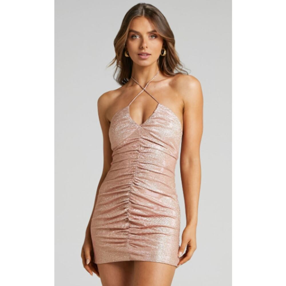 SHOWPO Nanathel Ruched Halter Mini Dress